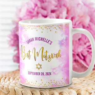 Bat Mitzvah Rosa Vattenfärg Guld Skrift Konfetti Kaffemugg