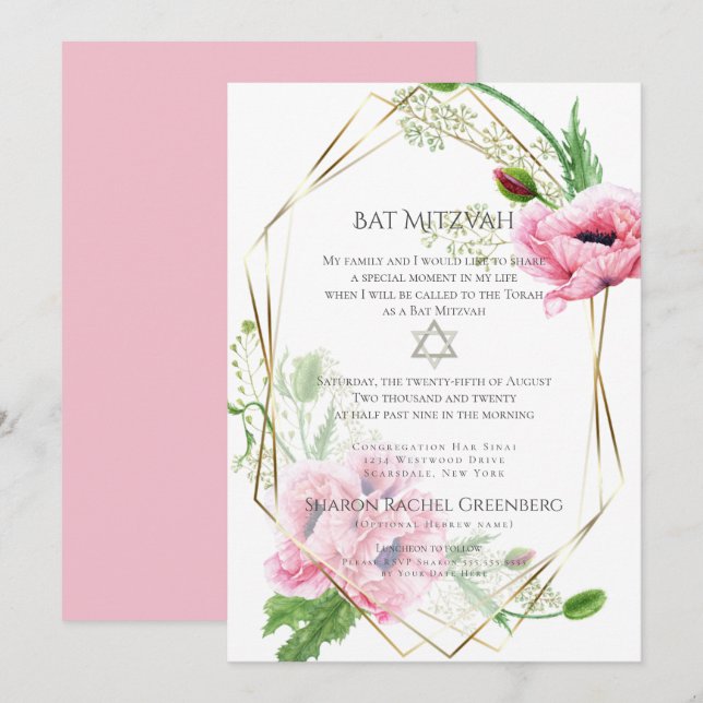 BAT MITZVAH | Rosa Vattenfärgspopior Version 1 Inbjudningar (Fram/baksida)