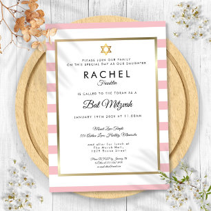 Bat Mitzvah Rosa Vit Rand Guld Davidstjärna Inbjudningar