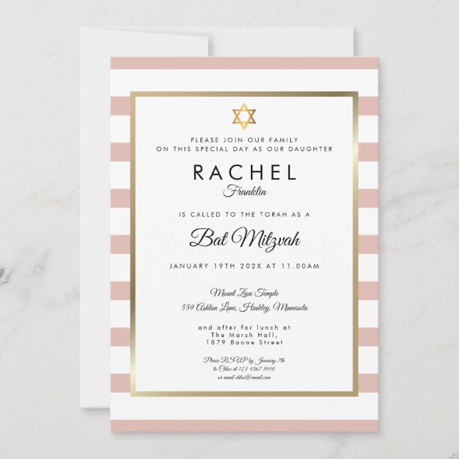 Bat Mitzvah Roséguld Och Vit Rand Inbjudningar (Framsida)