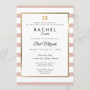 Bat Mitzvah Roséguld Och Vit Rand Inbjudningar