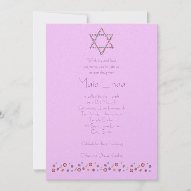 Bat mitzvah rosor för inbjudanblommadavidsstjärna inbjudningar (Framsida)