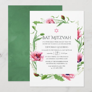 Bat mitzvah Rosor för vattenfärgspopies Inbjudningar