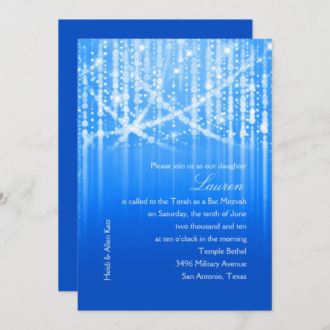 Bat mitzvah Royal Blue Sparkly Ljus Inbjudningar (Fram/baksida)