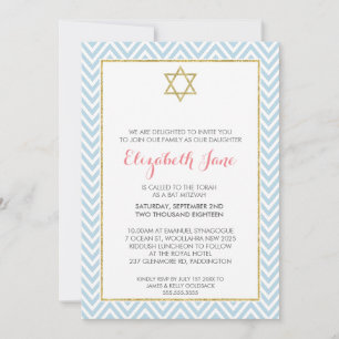 BAT MITZVAH schevron mönster guld glittblått Inbjudningar