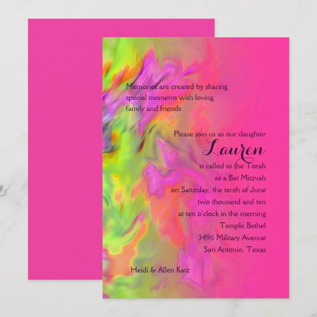 Bat mitzvah Shock rosa och Grönt Tie Dye Inbjudningar (Fram/baksida)