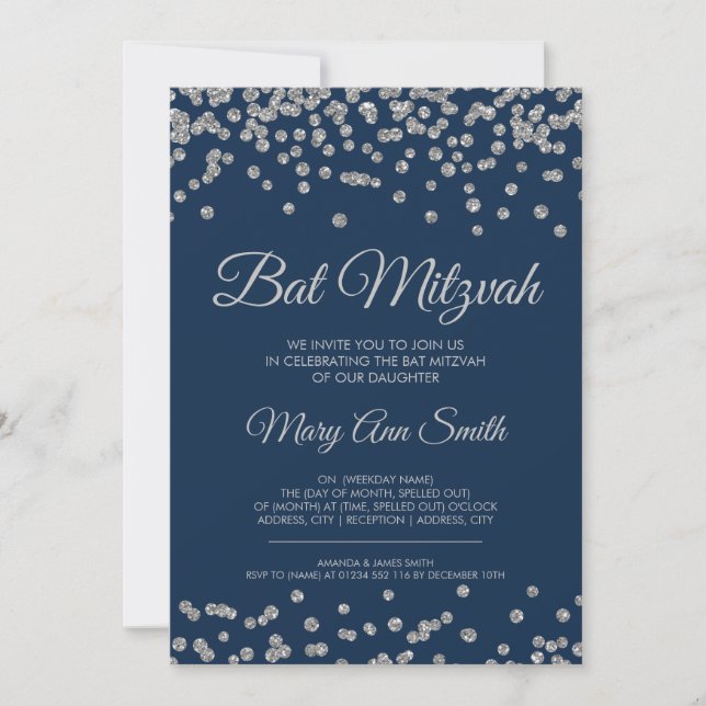 Bat mitzvah Silver Faux Glitter confetti marinblåt Inbjudningar (Framsida)