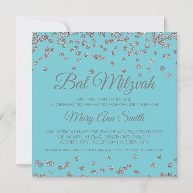 Bat mitzvah Silver Glitter Confetti Robin Egg Blue Inbjudningar (Framsida)