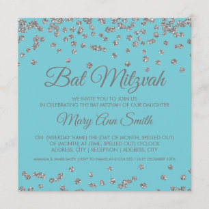 Bat mitzvah Silver Glitter Confetti Robin Egg Blue Inbjudningar
