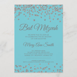Bat mitzvah Silver Glitter Confetti Robin Egg Blue Inbjudningar