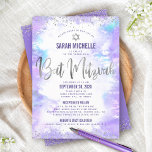 Bat mitzvah Silver Lila Watercolor Girly 2 Venue Inbjudningar<br><div class="desc">Var stolt, gladd och visa den här milstolpen av din favoritBat mitzvah! Skicka ut den här fantastiska, moderna inbjudan till personlig om en händelse att minnas. Sparkly faux silver-folie, glitter-prickar. David stjärna och typografi-skript täcker över en lätt lila vattenfärgsbakgrund. Anpassa anpassningsbarna med Bat mitzvah namn, datum, både Temple- och party-platsens...</div>