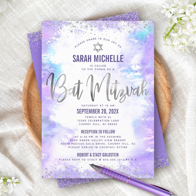 Bat mitzvah Silver Lila Watercolor Girly 2 Venue Inbjudningar (Skapare uppladdad)