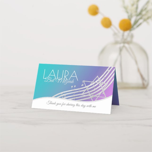 Bat mitzvah Silver-platskort för Music  Musik note Placeringskort (Baksida)