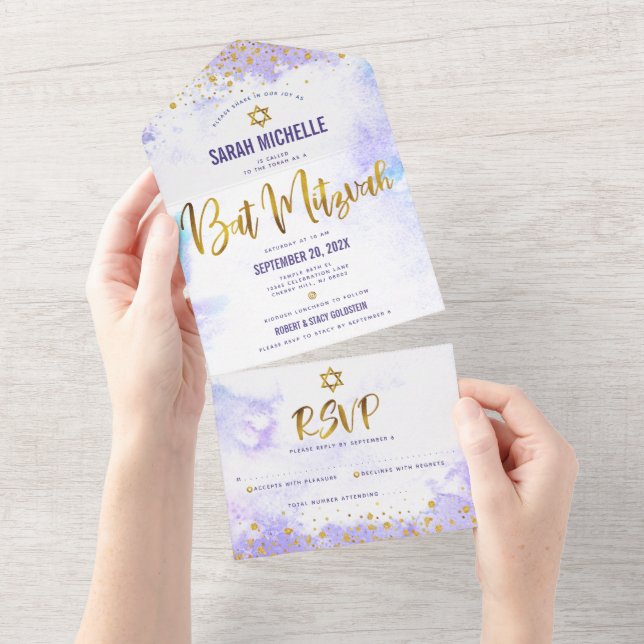 Bat mitzvah skript för lila, vattenfärg, guld, mod (Avrivbar del)