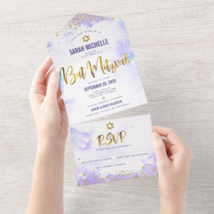 Bat mitzvah skript för lila, vattenfärg, guld, mod