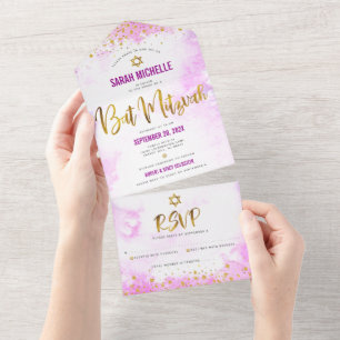 Bat mitzvah skript för rosa, vattenfärg, guld, mod