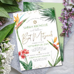 Bat mitzvah skript för Tropical Blommigt Watercolo Inbjudningar<br><div class="desc">Var stolt, gladd och visa den här milstolpen till din favoritBat mitzvah med den här sofistikerade inbjudan till personligen! Snyggt, bedövande, färgstarka, tropiska vattenfärgfåglar av paradisblommor, handskrivet faux guld-skript, stjärnor av David- och glitter-punkter, tillsammans med grönt- och grått-modern sans serif-typ, täcker över en vit bakgrund. Ytterligare vattenfärgsfärgade löv i handflatan...</div>
