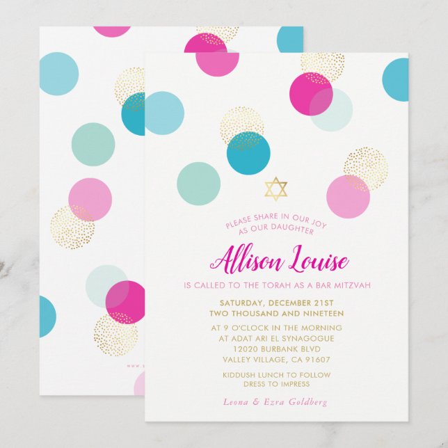 BAT MITZVAH snyggt Conetti spot guld rosa mynta Inbjudningar (Fram/baksida)