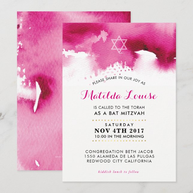 BAT MITZVAH snyggt, skarp rosa, inbjudan (Fram/baksida)