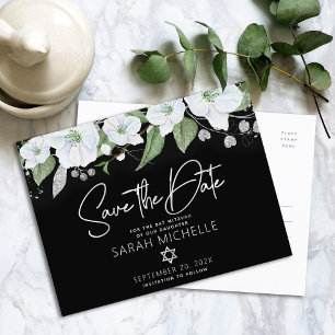 Bat Mitzvah Spara Datum Blommig Svart Silver Scrip Inbjudan Vykort