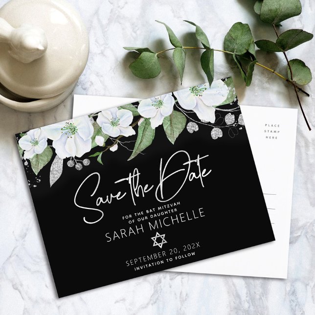 Bat Mitzvah Spara Datum Blommig Svart Silver Scrip Inbjudan Vykort (Skapare uppladdad)