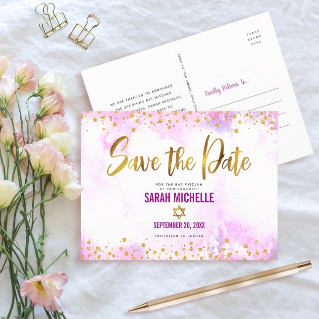 Bat mitzvah Spara datum Guld på Rosa vattenfärg Inbjudan Vykort (Skapare uppladdad)