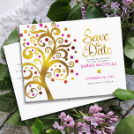 Bat mitzvah Spara datum Guld & Rosa Livets träd Inbjudan Vykort<br><div class="desc">Se till att alla dina vänner och släktingar kan fira din dotters milstolpe Bat mitzvah! Skicka ut den här fantastiska, grafiska faux-guld-folie träd med glatt rosa, orange och röd stjärna av David och punkt "löv" på vit bakgrund, personligen "Spara datum"-vykort. Anpassa anpassningsbarna till Bat mitzvah namn och datum. Ditt anpassningsbar-meddelande,...</div>