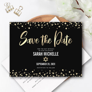 Bat Mitzvah Spara datum Modern Svart Guld Script Inbjudan Vykort
