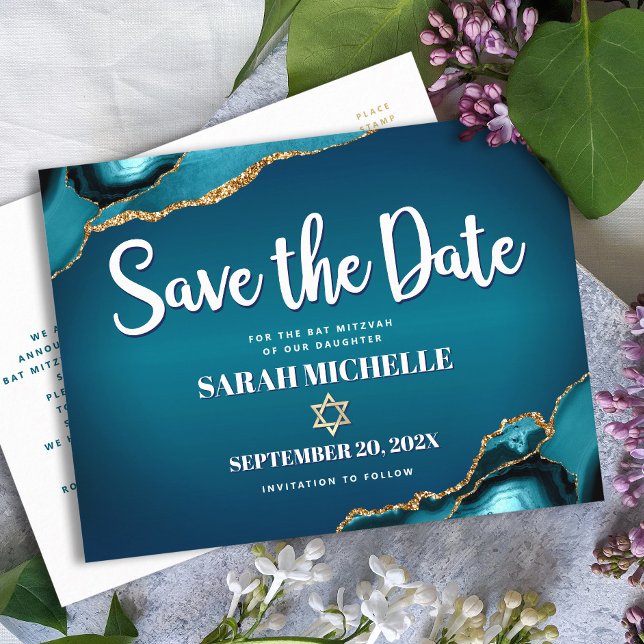 Bat Mitzvah Spara Datum Teal Ombre Agat Script Inbjudan Vykort (Skapare uppladdad)