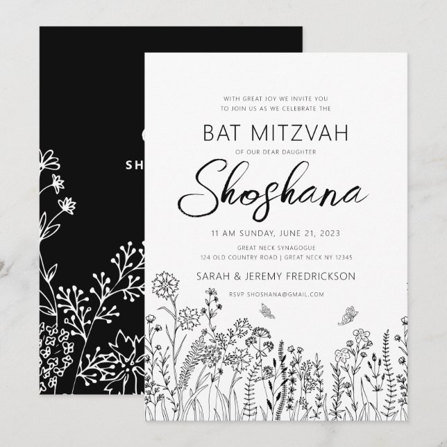 Bat Mitzvah Stilig Skript Blommig Skiss Inbjudningar (Fram/baksida)