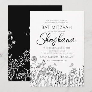Bat Mitzvah Stilig Skript Blommig Skiss Inbjudningar