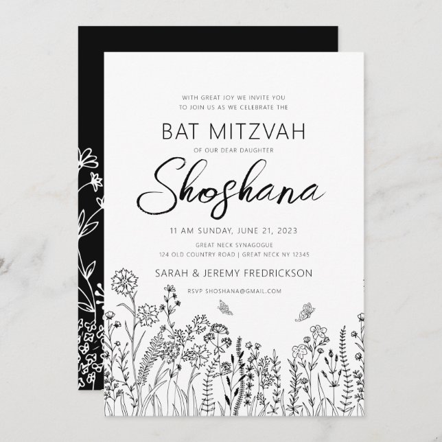 Bat Mitzvah Stilig Skript Floral Skiss Inbjudningar (Fram/baksida)