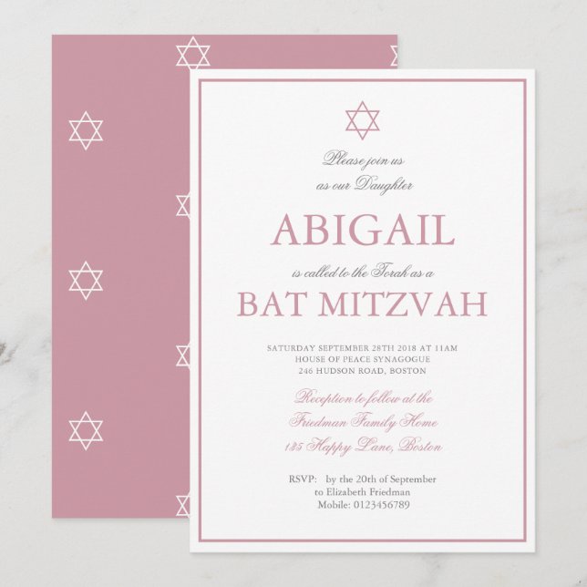 Bat mitzvah stjärnan för David Rosa Hebrew Jewish Inbjudningar (Fram/baksida)