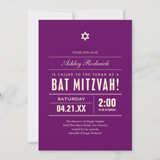 Bat mitzvah stora typinbjudningar inbjudningar (Framsida)