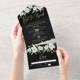 Bat Mitzvah Svart Guld Skript Vattenfärg Blommig