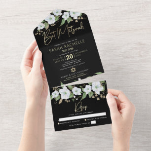 Bat Mitzvah Svart Guld Skript Vattenfärg Blommig