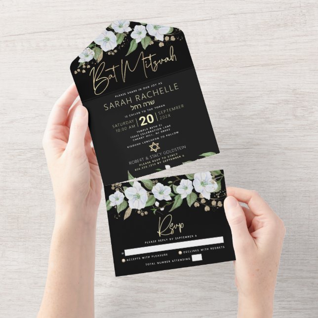 Bat Mitzvah Svart Guld Skript Vattenfärg Blommig (Avrivbar del)