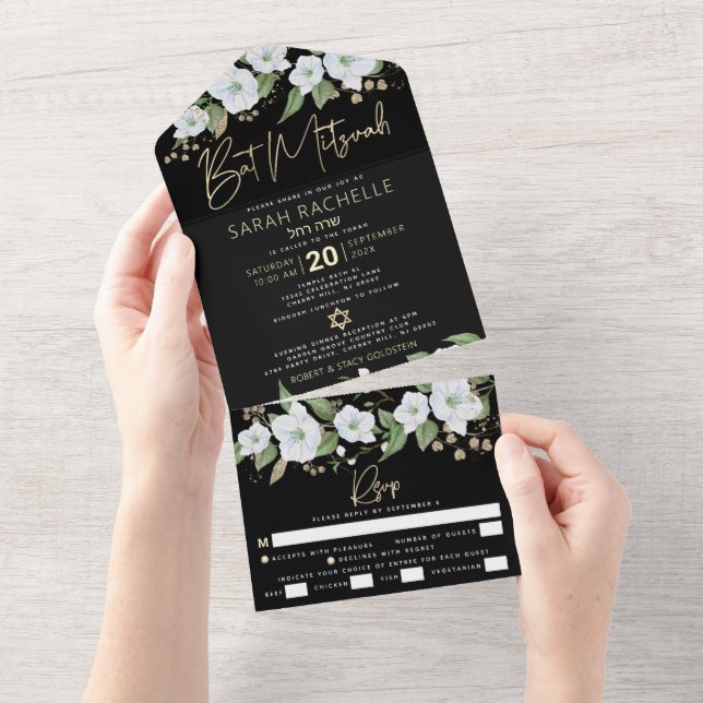 Bat Mitzvah Svart Guld Skript Vattenfärg Blommig (Avrivbar del)