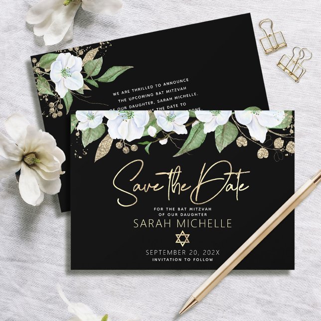 Bat Mitzvah Svart Guld Skript Vattenfärg Blommig Spara Datumet (Skapare uppladdad)