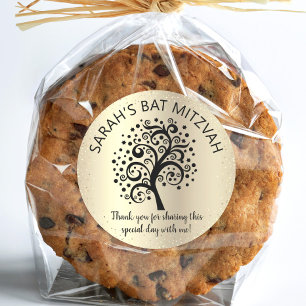 Bat mitzvah svart Livets träd-skript för guldfärgs Runt Klistermärke