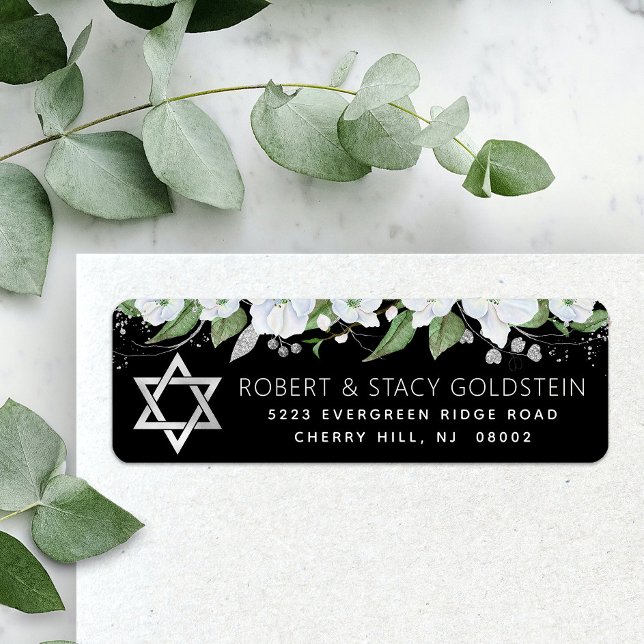Bat Mitzvah Svart Silver Blommig Returadress Etikett (Skapare uppladdad)