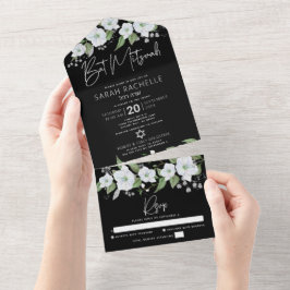 Bat Mitzvah Svart Silver Skrift Blommig Akvarell
