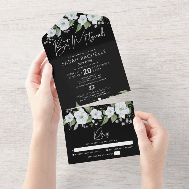 Bat Mitzvah Svart Silver Skrift Blommig Akvarell (Tearaway)