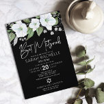 Bat Mitzvah Svart Silver Skrift Blommig Akvarell Inbjudningar<br><div class="desc">Var stolt, jubla och visa upp denna milstolpe för din favorit Bat Mitzvah med denna sofistikerade, personliga inbjudan! En chic, fantastisk, vit och falskt silver glitter floralt vattenfärg med falskt silverfolie skript typografi och vit sans serif typografi överlagrar en dramatisk svart bakgrund. Ytterligare vattenfärg blommor och en silver David-stjärna överlagrar...</div>