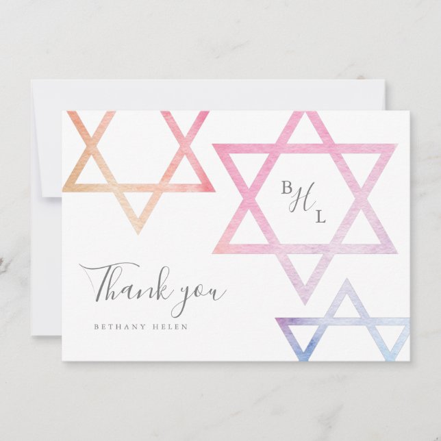 Bat mitzvah Tack för vattenfärgsmonogram Kort (Framsida)