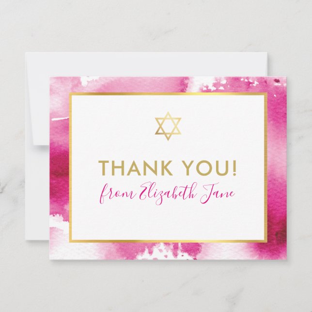 BAT MITZVAH tack guld stjärna rosa vattenfärg (Framsida)