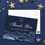 Bat mitzvah Tacken för marinblått Guld-Anpassnings Vykort<br><div class="desc">Elegantens marinblått och guld-agate dekorerar sidan av detta moderna Bat mitzvah tack som ni vykort. Mazel Tov! Anpassa med ditt namn under David Star. Perfekt vykort för en chic,  snyggt judisk familj som firar en flicka som kallas till Torah.</div>