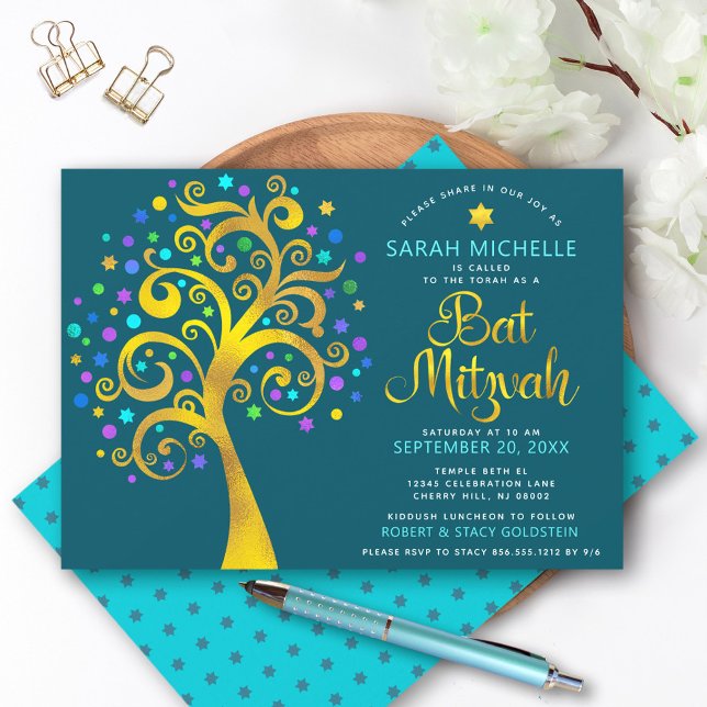 Bat mitzvah Teal Blue Chic Gold Foil Livets träd Inbjudningar (Skapare uppladdad)