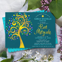 Bat mitzvah Teal Gold Foil-skript Livets träd Inbjudningar