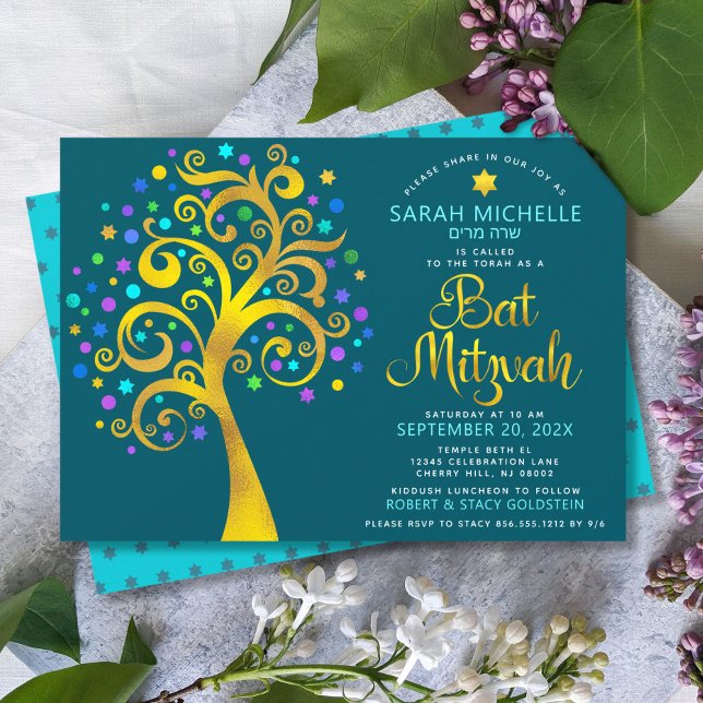 Bat mitzvah Teal Gold Foil-skript Livets träd Inbjudningar (Skapare uppladdad)